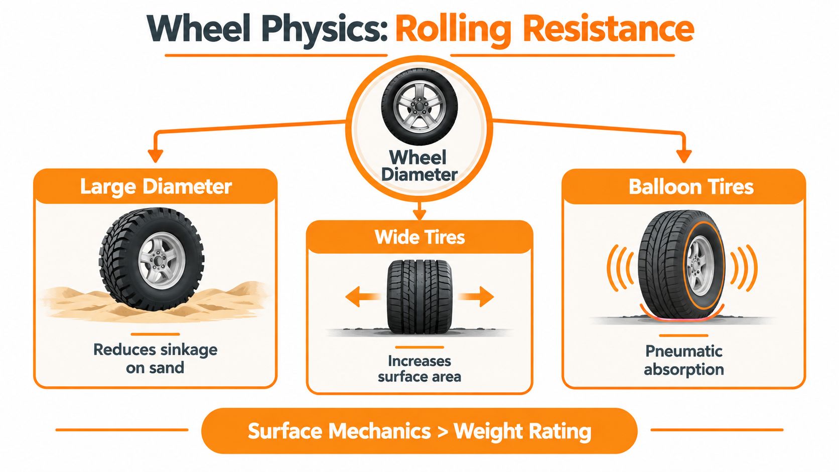 A diagram illustrating the physics of rolling resistance through wheel diameter, wide tires, and balloon tires.
