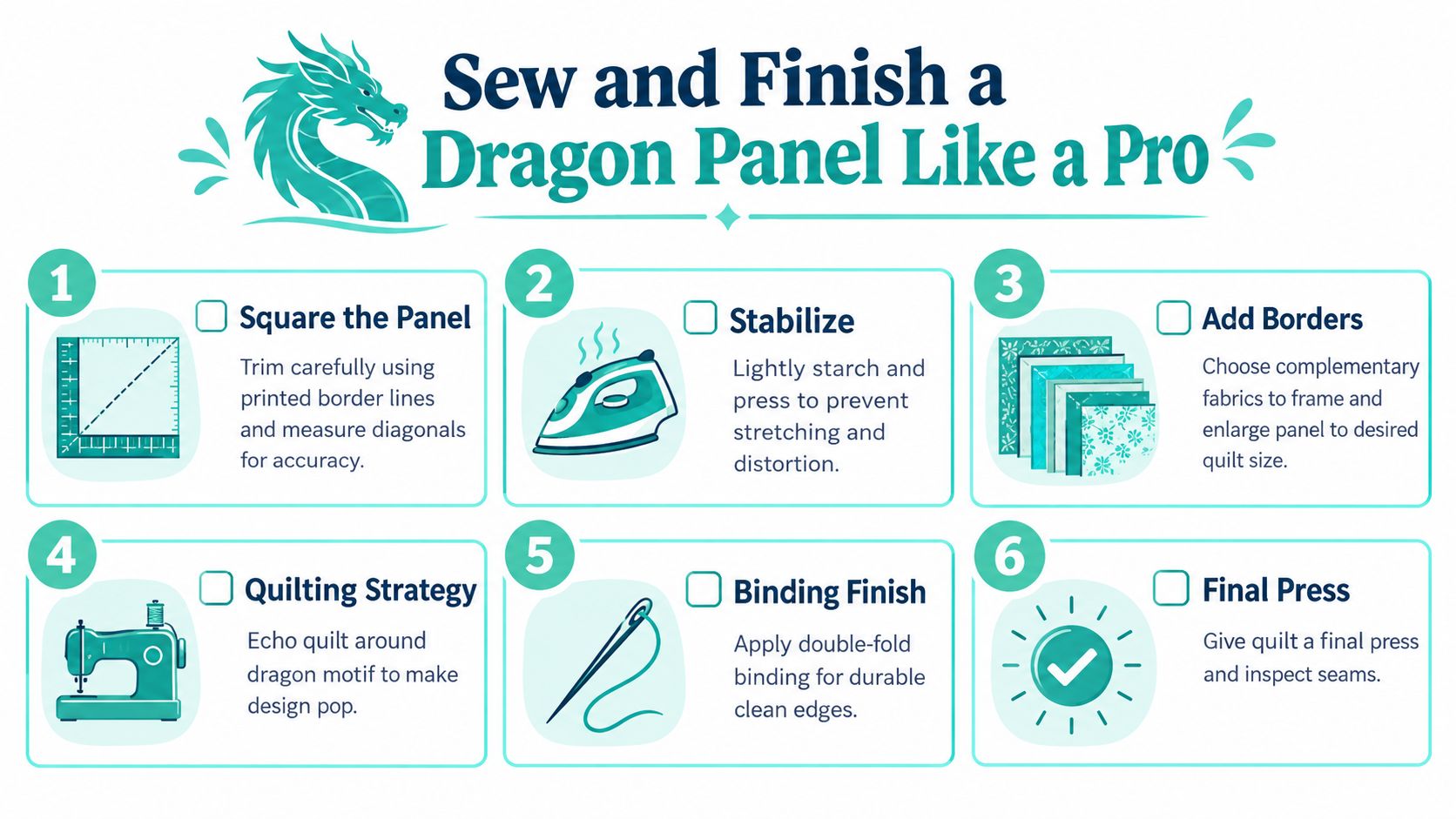 An instructional graphic showing six steps to sew and finish a decorative dragon fabric quilt panel.