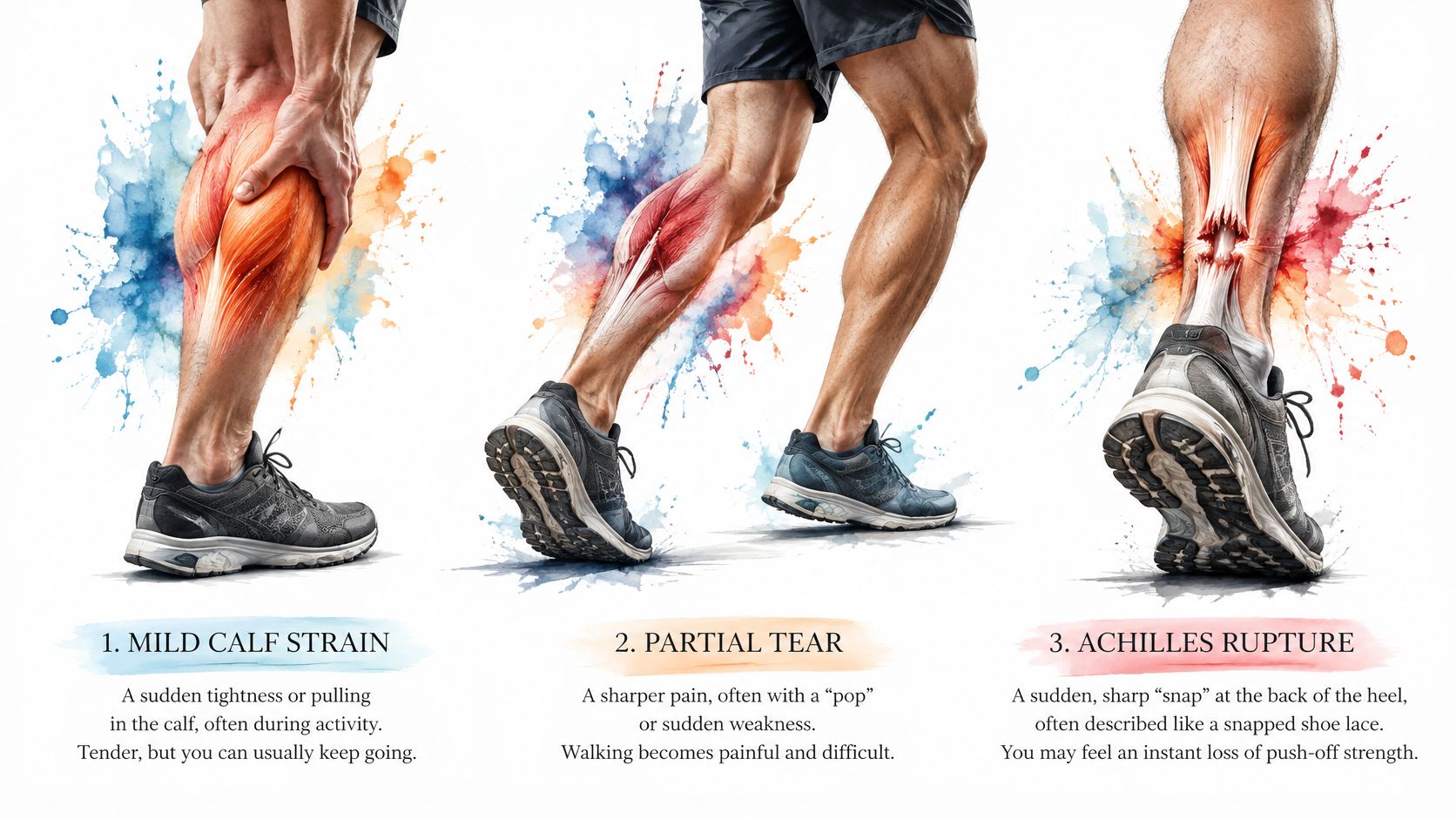 An illustration comparing a mild calf strain, a partial tear, and an Achilles rupture with descriptions.