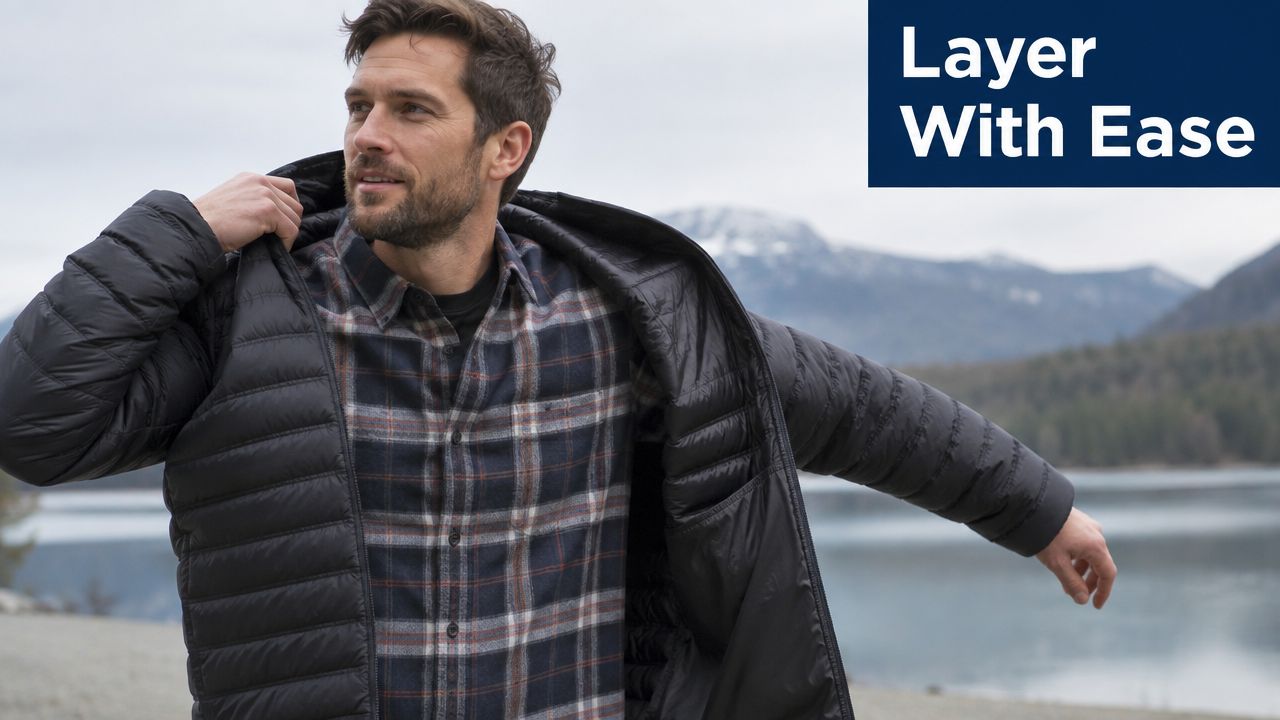 A man wearing a plaid shirt and a black puffer jacket outdoors near a mountain lake.