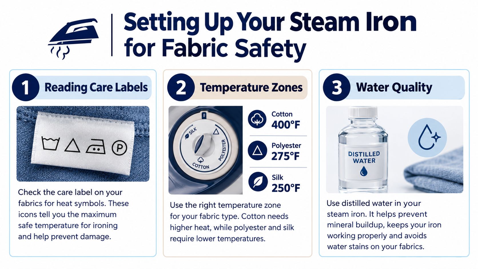 A guide on how to safely use a steam iron, covering care labels, temperature settings, and water quality.