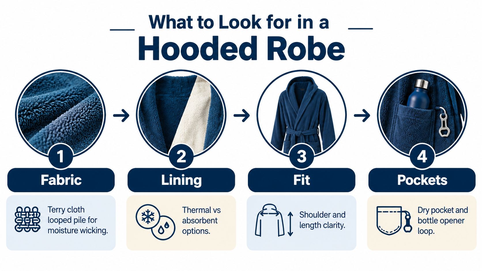 An infographic titled What to Look for in a Hooded Robe outlining fabric, lining, fit, and pockets.