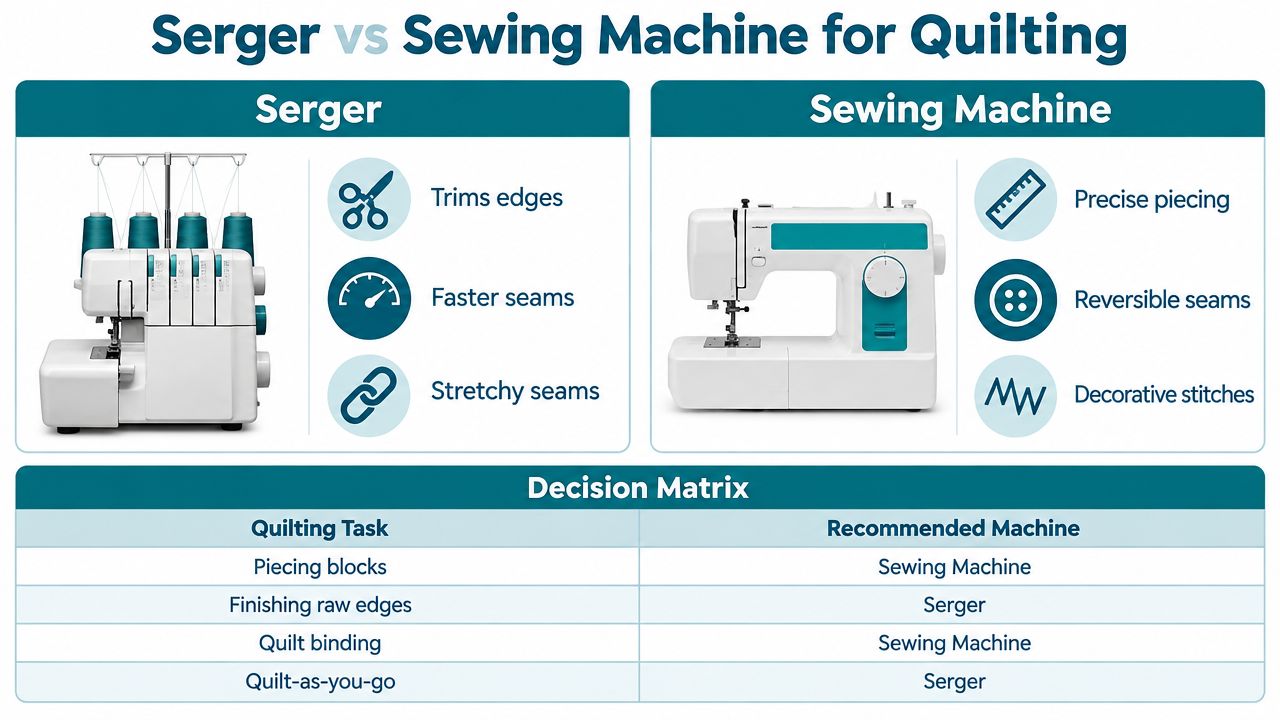 A comparison chart showing the differences between a serger and a sewing machine for quilting projects.