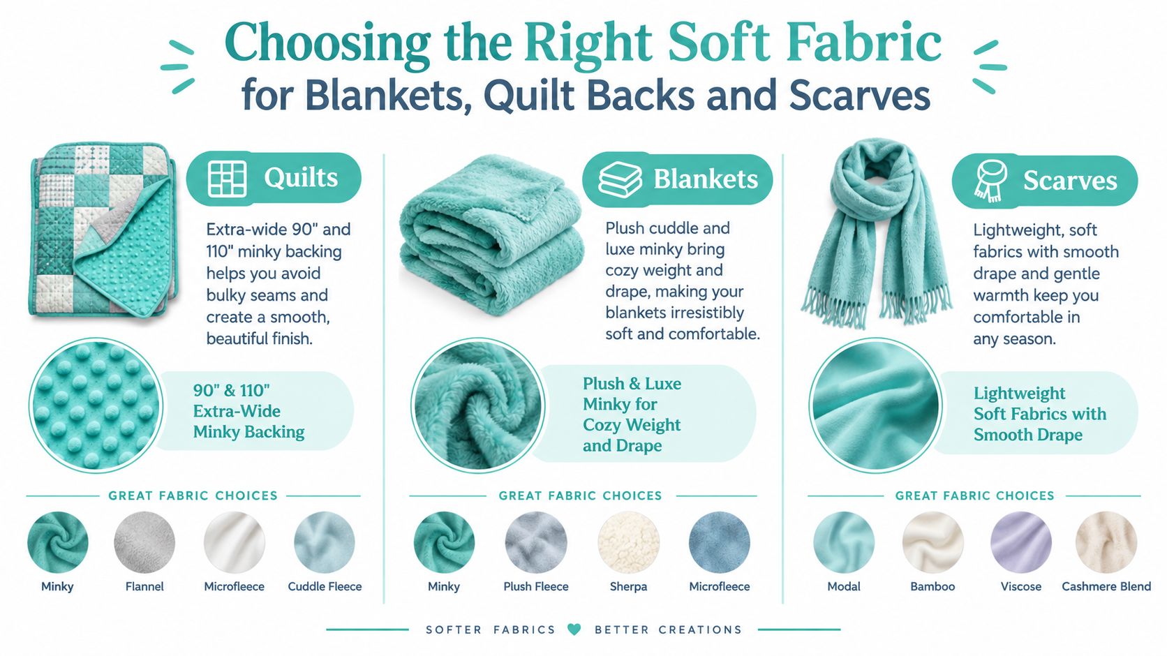 An infographic titled Choosing the Right Soft Fabric for Blankets, Quilt Backs and Scarves with fabric recommendations.