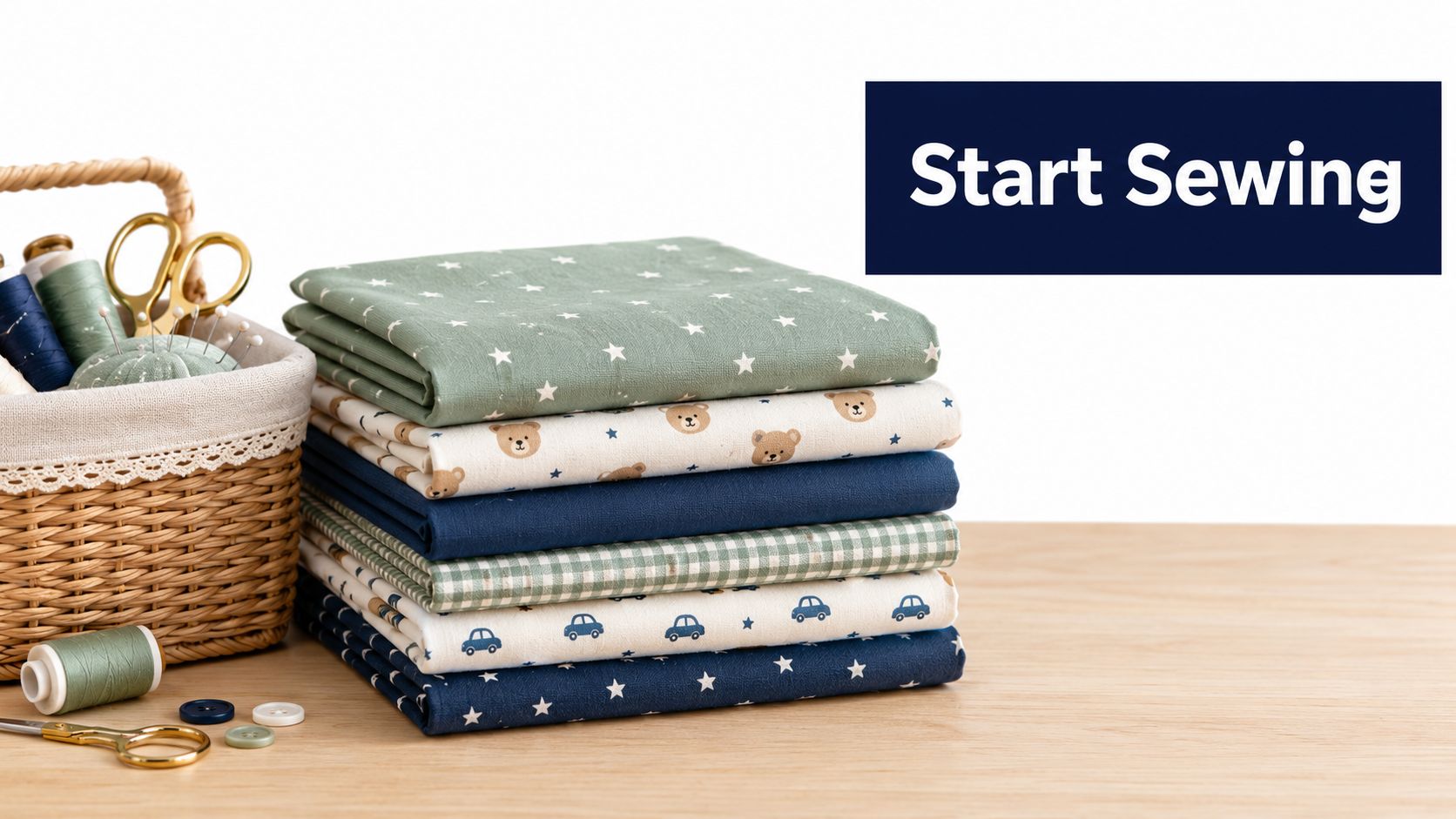 A stack of folded baby boy fabrics featuring teddy bear and car patterns sits beside a sewing basket.