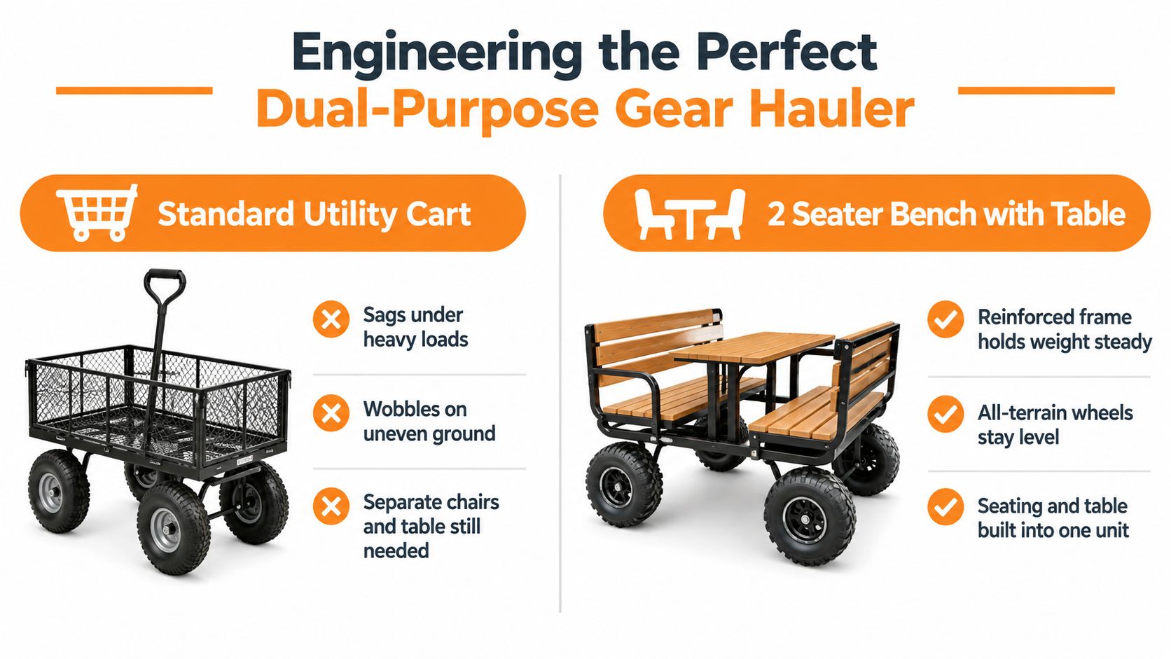 A comparison graphic showing a standard utility cart versus a 2 seater bench with table.