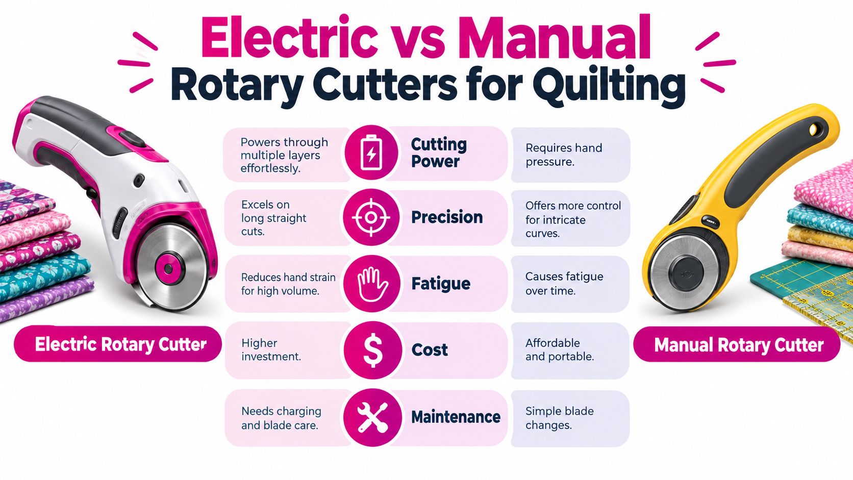 A comparison infographic between an electric rotary fabric cutter and a manual rotary cutter for quilting projects.