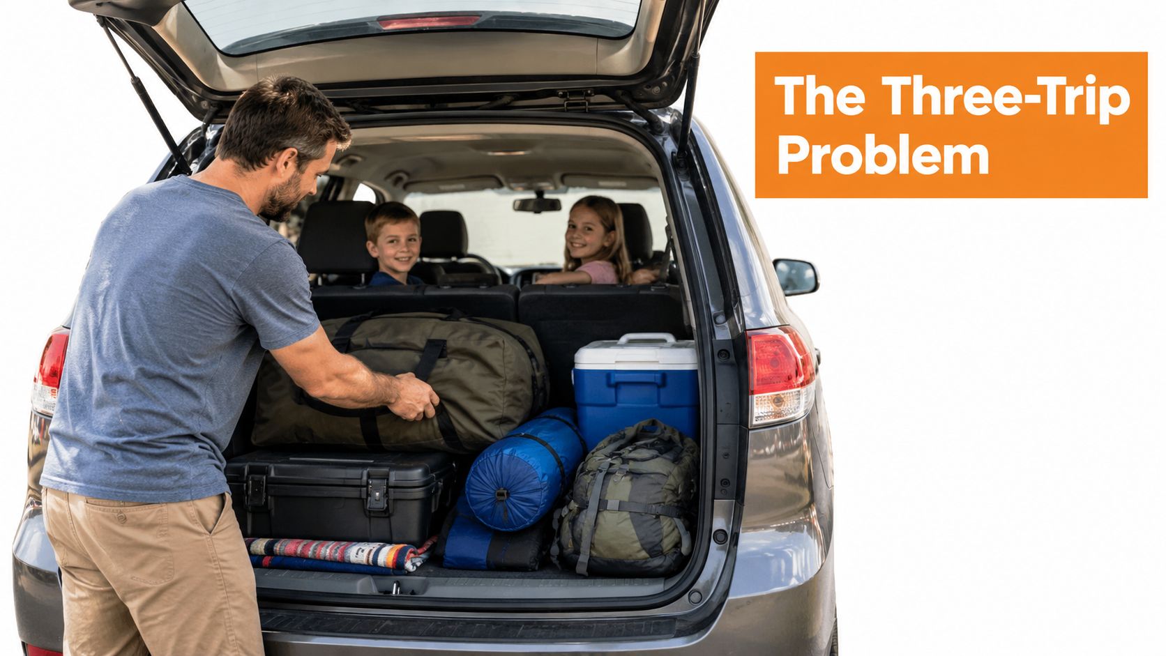 A father packing a car trunk with camping gear while his two children watch from the backseat.