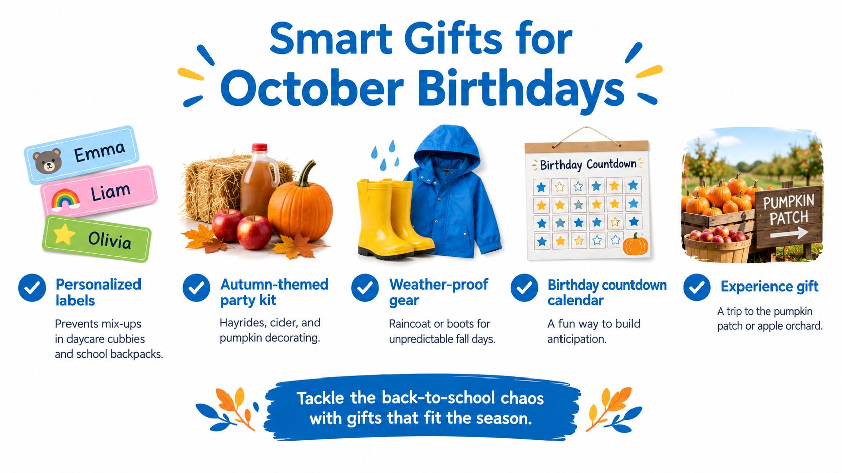 A graphic featuring gift ideas for children with October birthdays, including labels, seasonal treats, and gear.