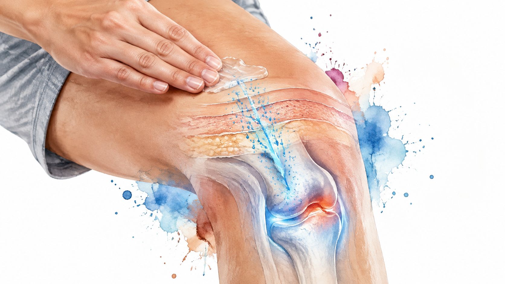 A hand applying topical gel to a human knee with a conceptual illustration of deep tissue relief.
