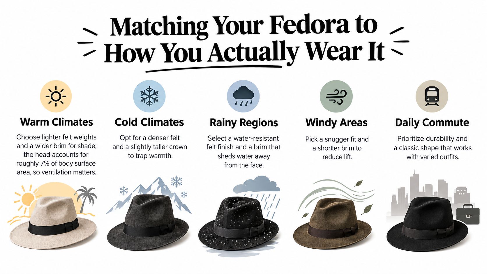 An infographic showing how to select the right fedora hat for various climates and commuting needs.