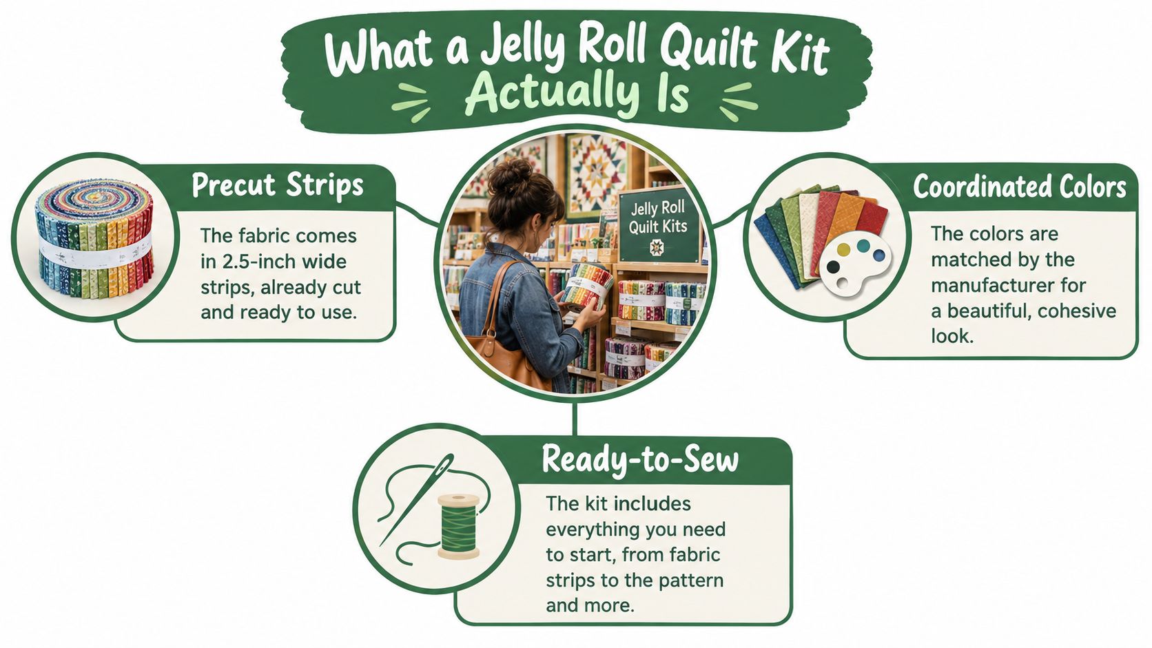 A graphic illustration explaining jelly roll quilt kits, featuring fabric strips, coordinated colors, and sewing supplies.