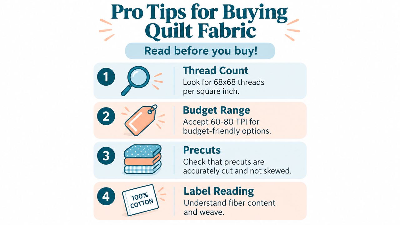 An infographic titled Pro Tips for Buying Quilt Fabric, listing four essential considerations for choosing quality material.