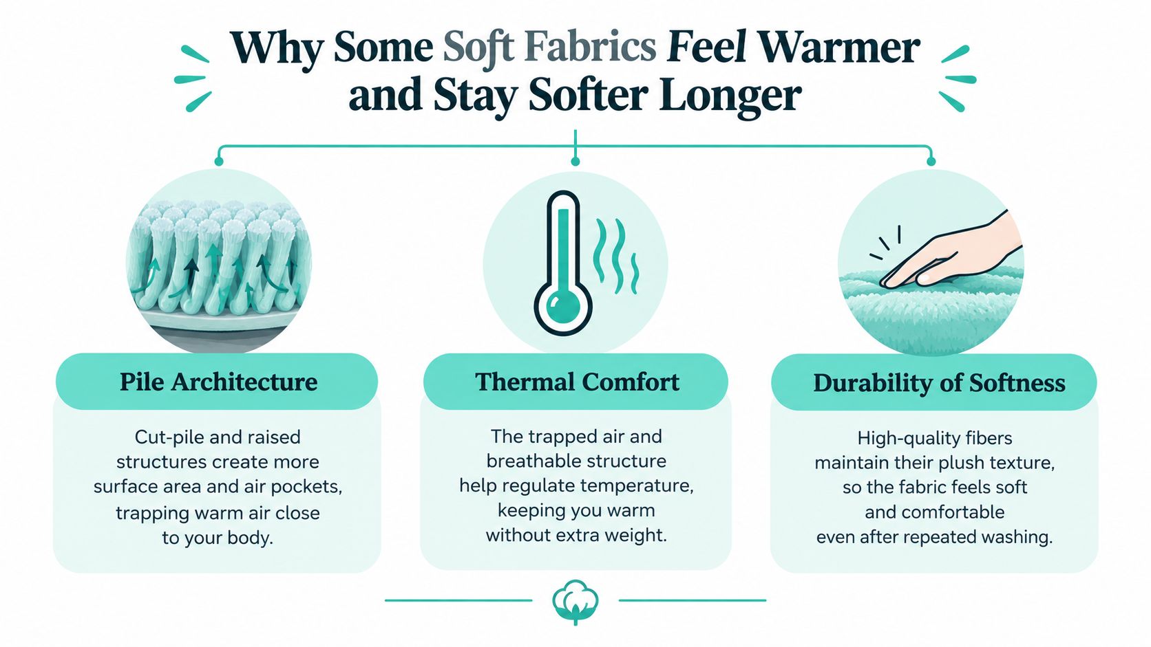 An infographic explaining how pile architecture, thermal comfort, and fiber quality make fabrics warmer and softer.