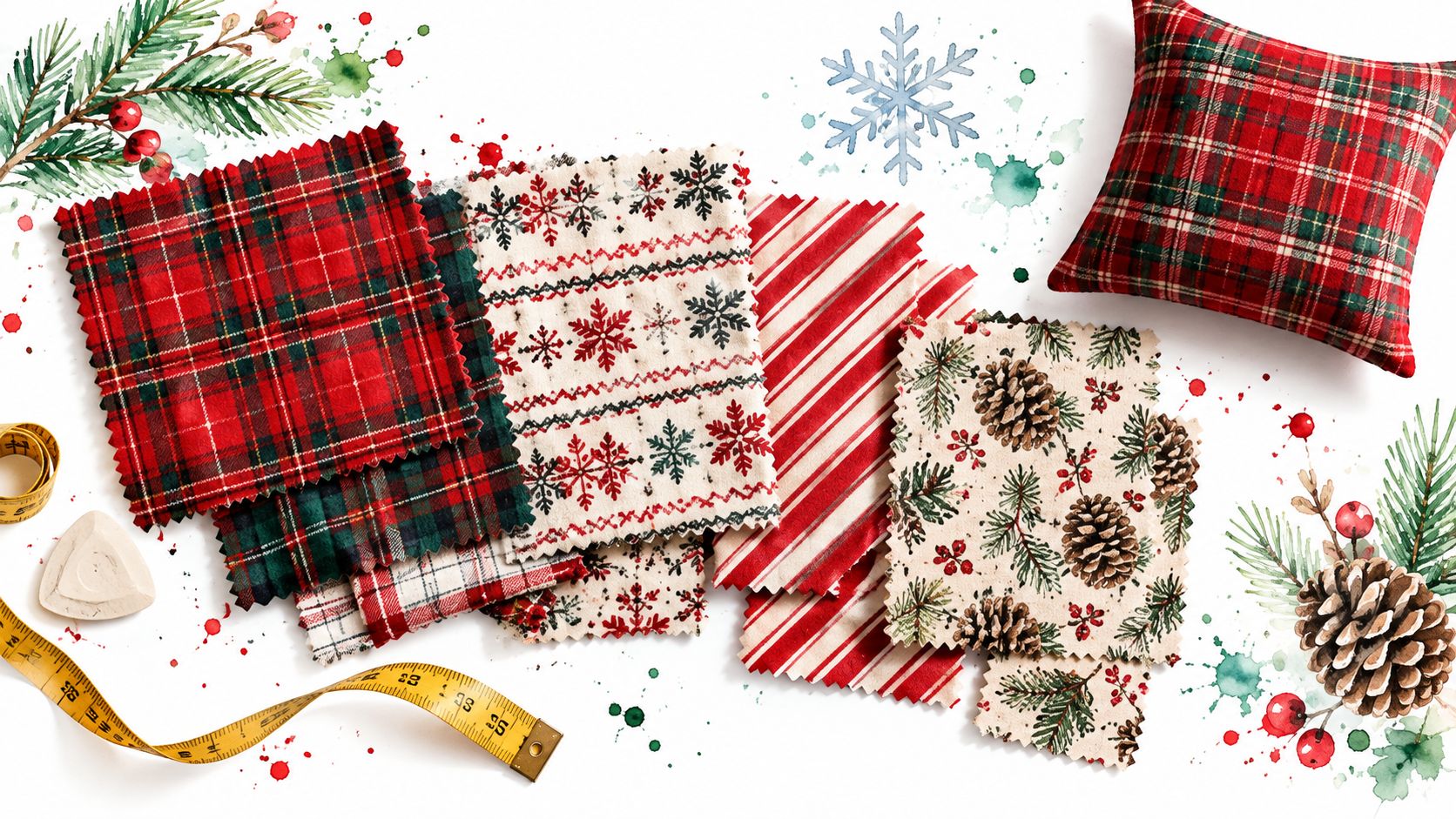 A collection of assorted Christmas themed flannel fabric swatches, pine cones, and a tape measure on white.