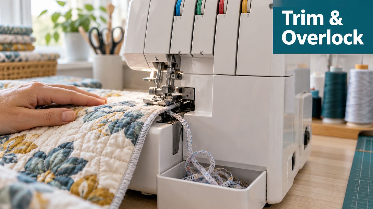 A close-up view of a person using a serger machine to trim and overlock a quilted fabric.