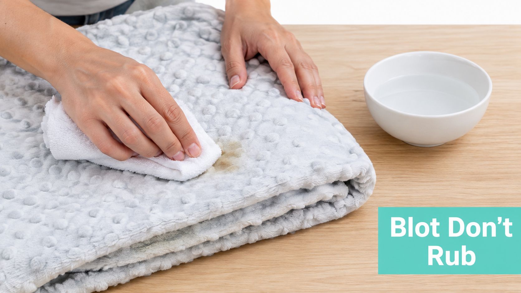A person gently blotting a small stain on a textured light grey minky blanket with a white cloth.