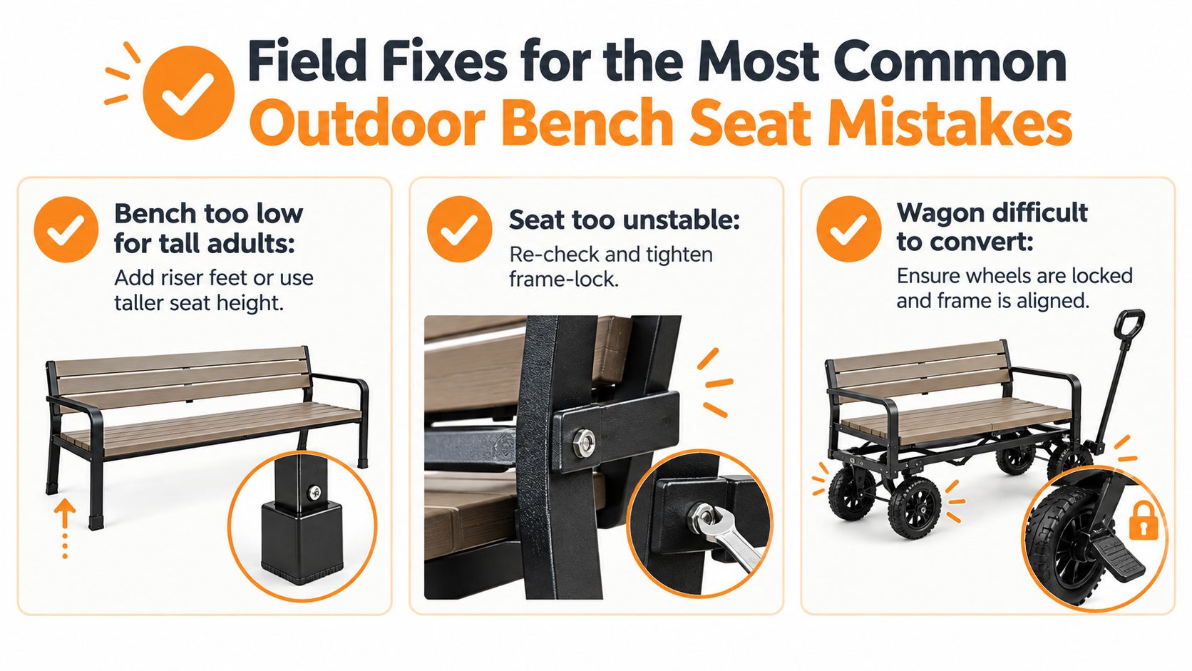 An infographic showing solutions for common issues with an outdoor bench seat and utility wagon.