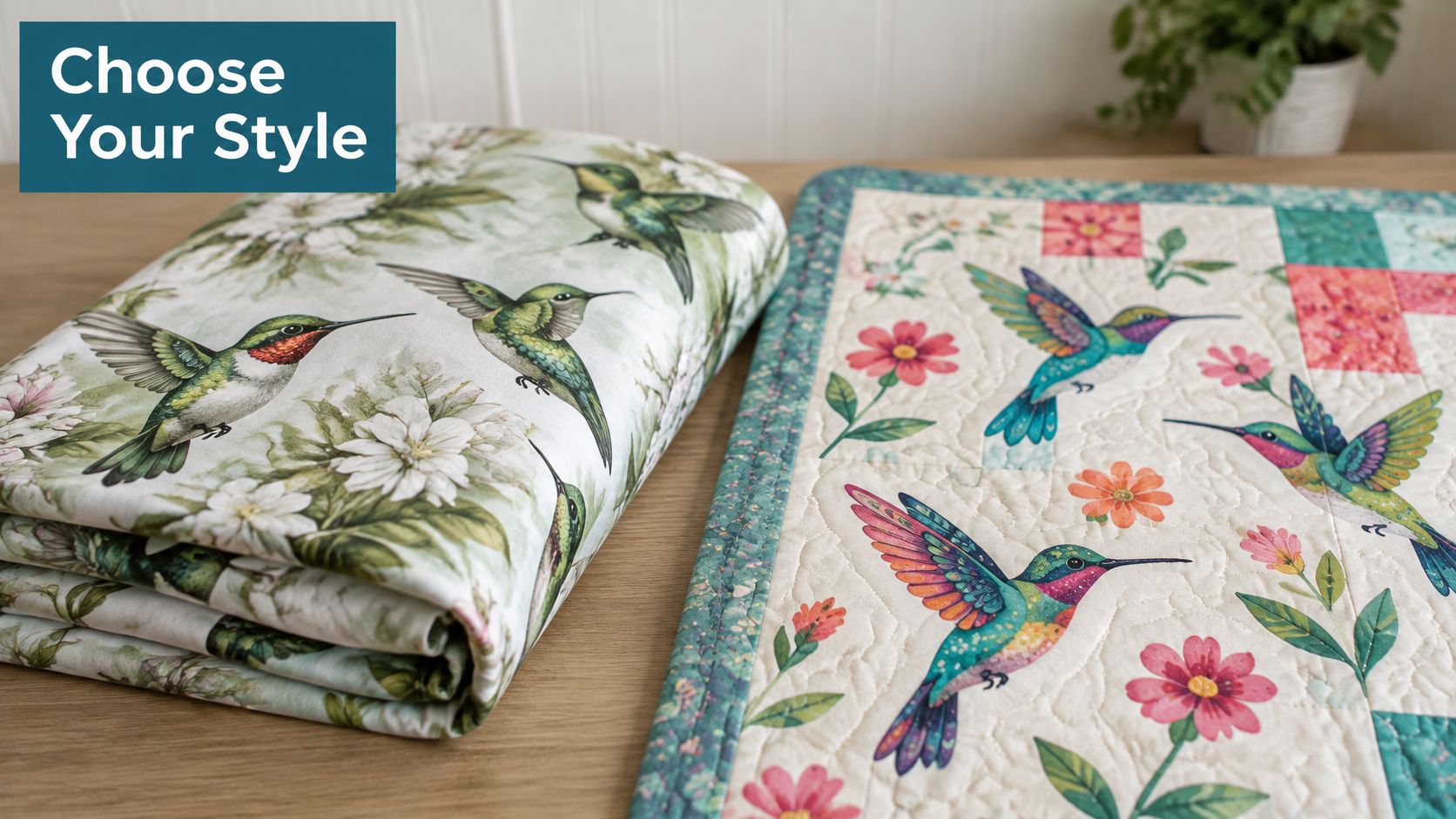 Two folded quilts featuring vibrant hummingbird and floral patterns displayed on a wooden surface.