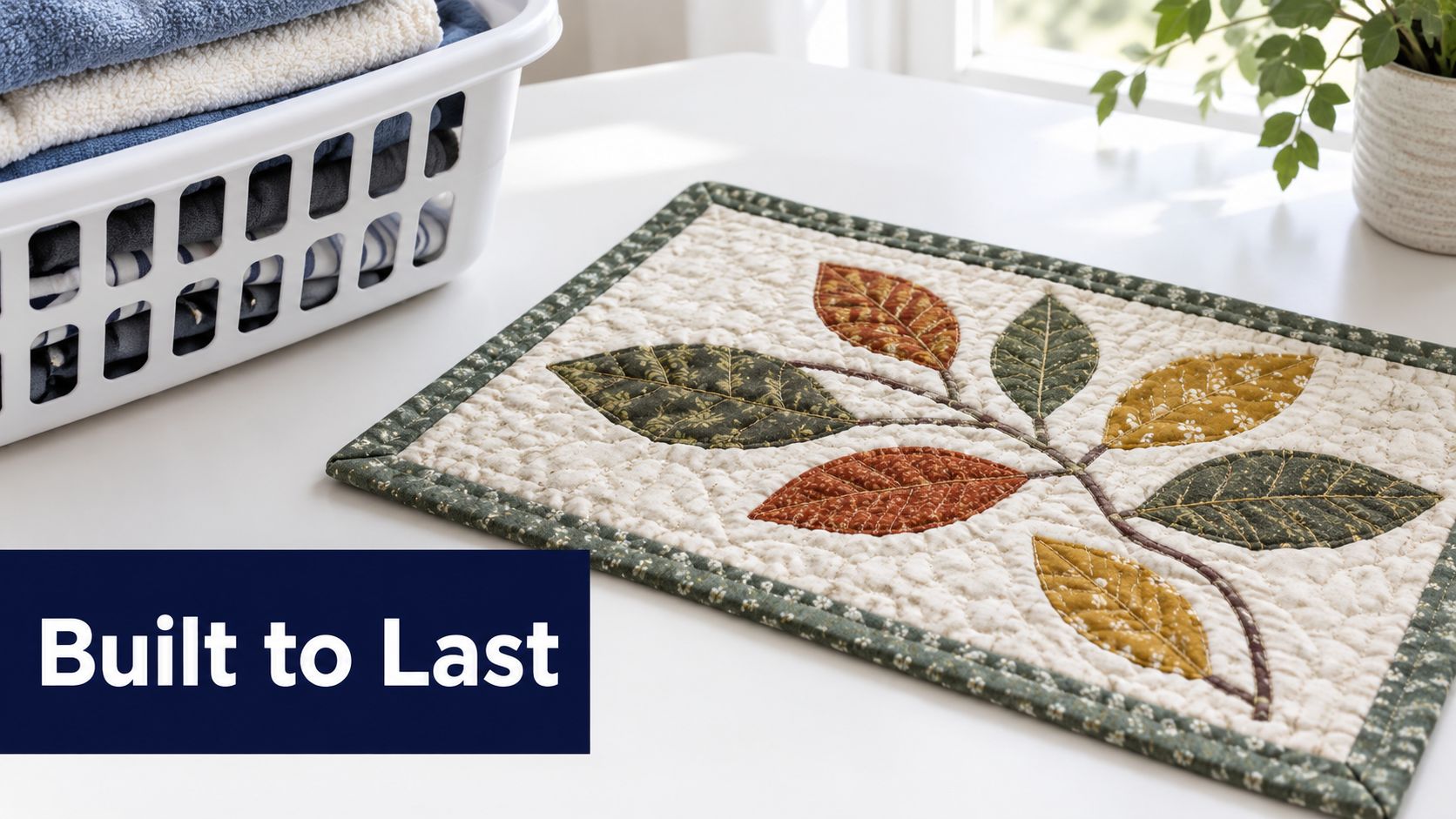 A quilted table mat featuring fabric leaf appliques, placed on a table next to a laundry basket.