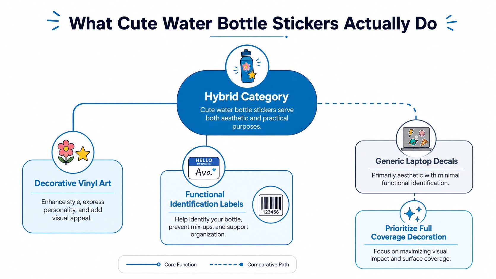 A diagram explaining the decorative and functional benefits of using cute stickers on water bottles.