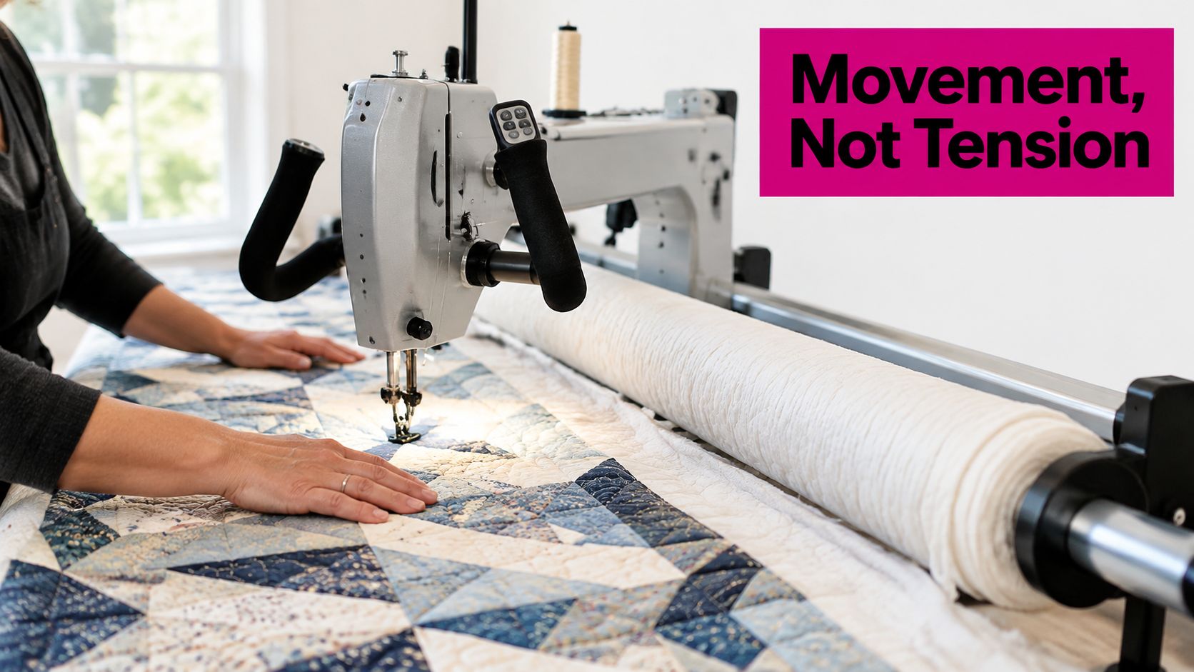 A quilter operating a long-arm sewing machine on a quilt with a geometric blue and white pattern.