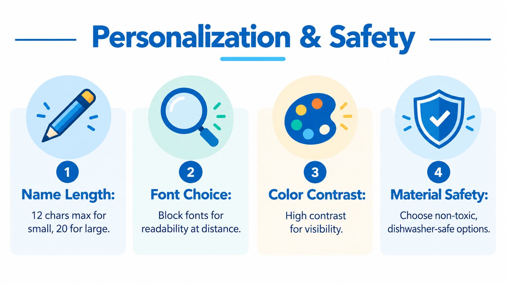 An infographic detailing personalization and safety guidelines for custom name labels, featuring four numbered sections with icons.