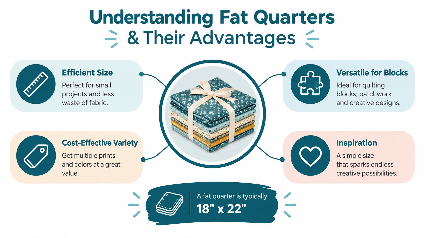An infographic titled Understanding Fat Quarters illustrating the benefits and typical dimensions of fabric fat quarters.