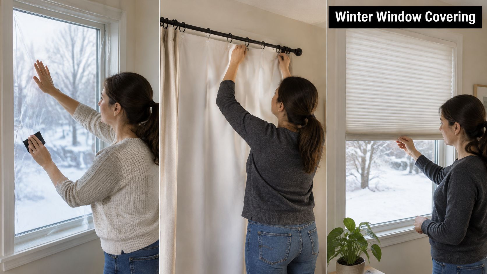 A woman demonstrating three different methods for covering windows to improve insulation during the winter season.