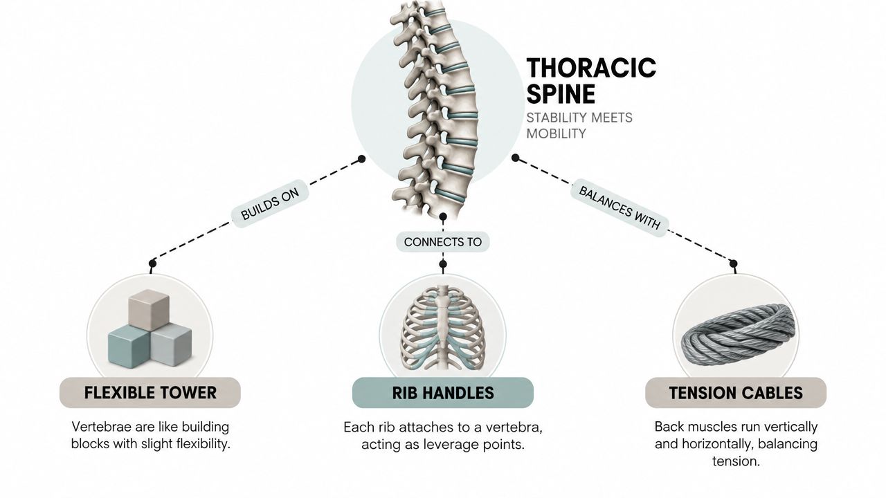 A diagram explaining the anatomy of the thoracic spine, comparing it to a tower, ribs, and tension cables.