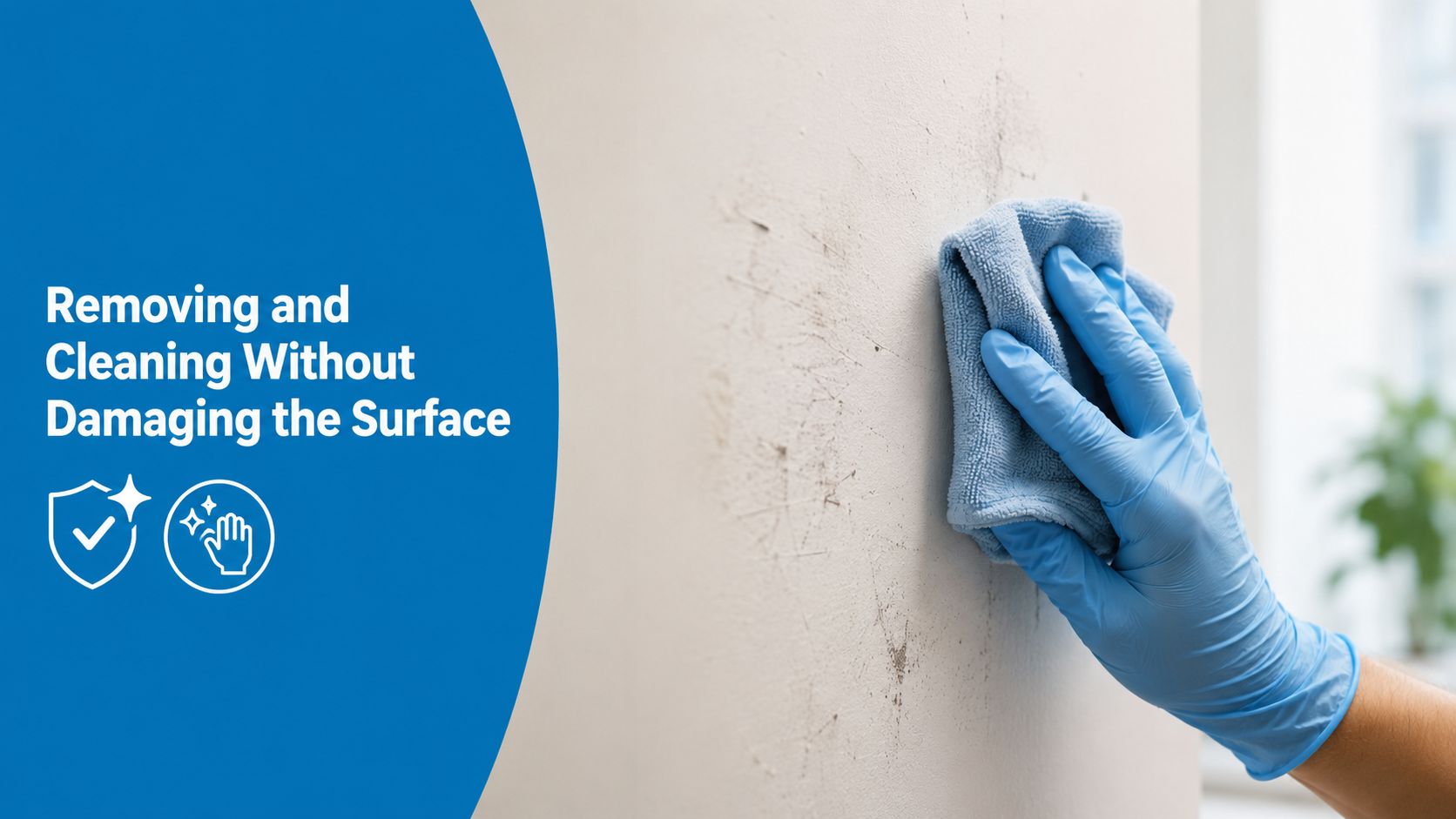 A hand in a blue glove cleaning a white wall with a blue cloth carefully.