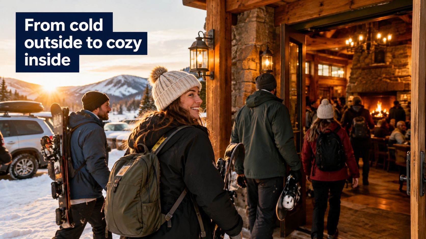 A happy group of friends arriving at a cozy ski lodge during a snowy winter sunset.