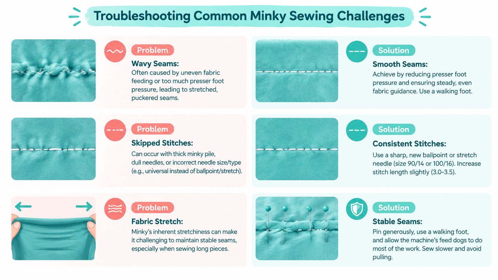 An infographic showing common sewing problems with minky fabric and their effective solutions for consistent results.