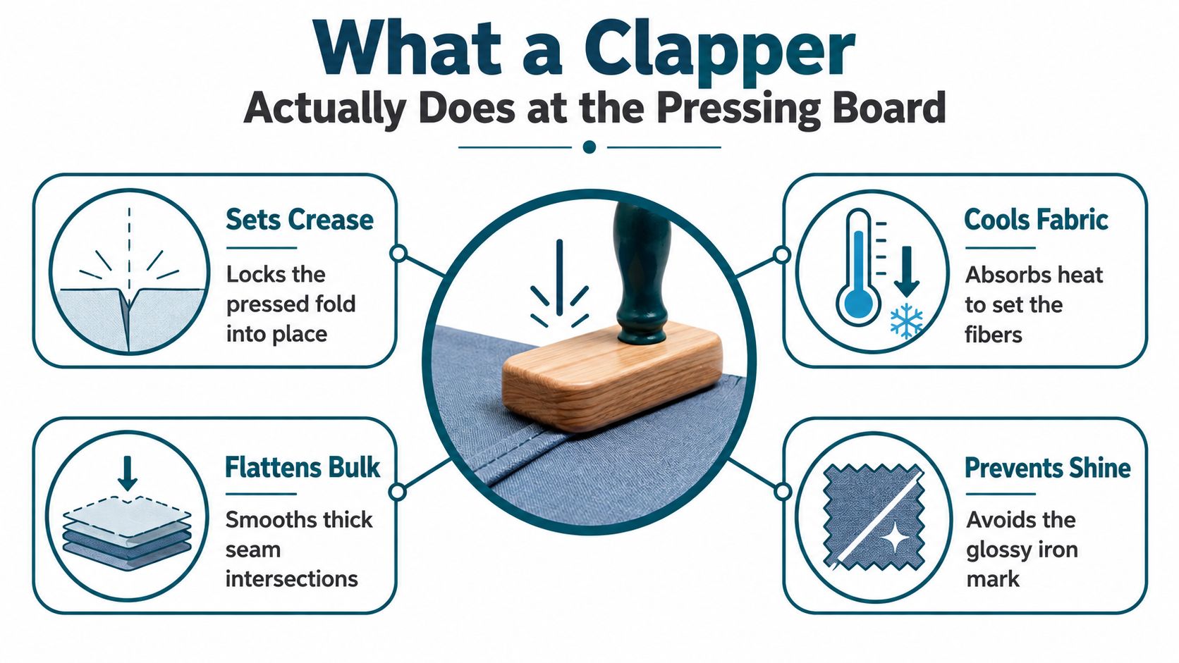 An infographic showing how a wooden sewing clapper presses fabric to set creases and prevent heat damage.
