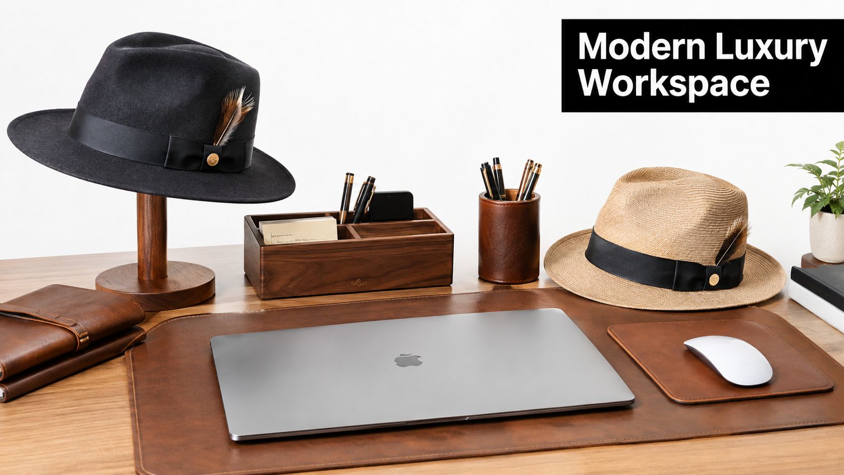 A modern luxury workspace featuring a laptop, leather desk mat, stylish hats, and premium wooden office accessories.