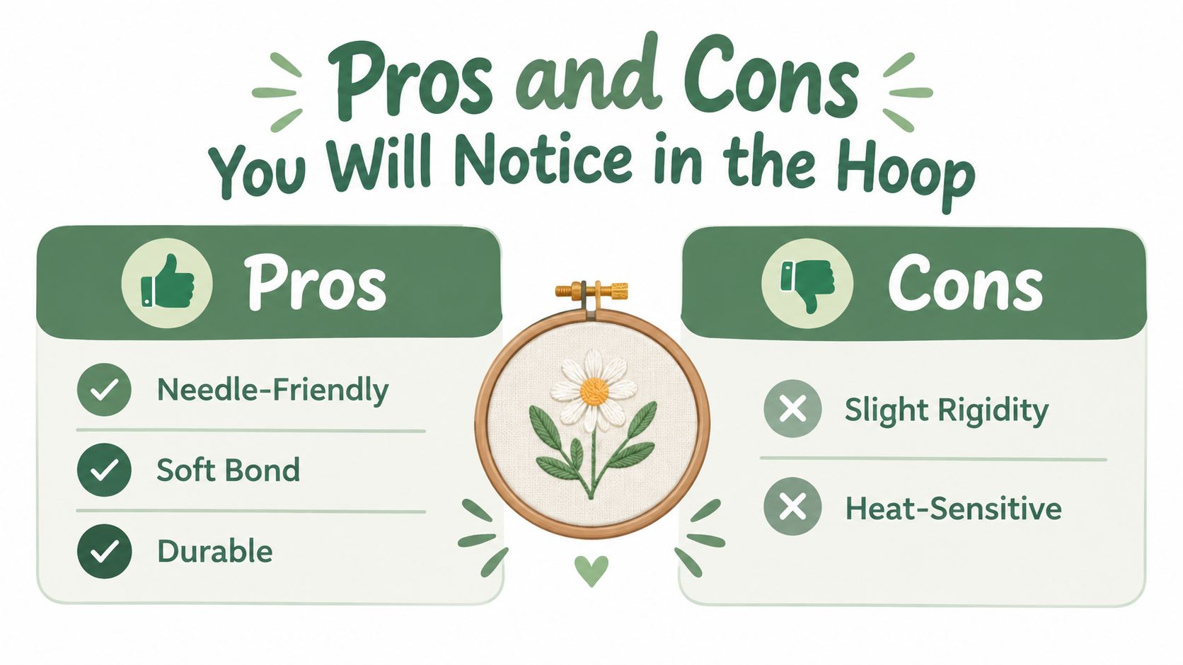 A pros and cons infographic highlighting features of a fabric stabilizer for embroidery projects in a hoop.
