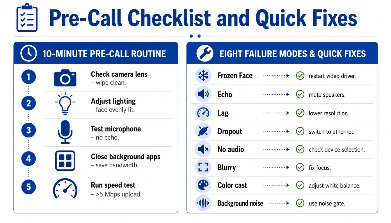 A helpful infographic titled Pre-Call Checklist and Quick Fixes for improving video conferencing call quality.