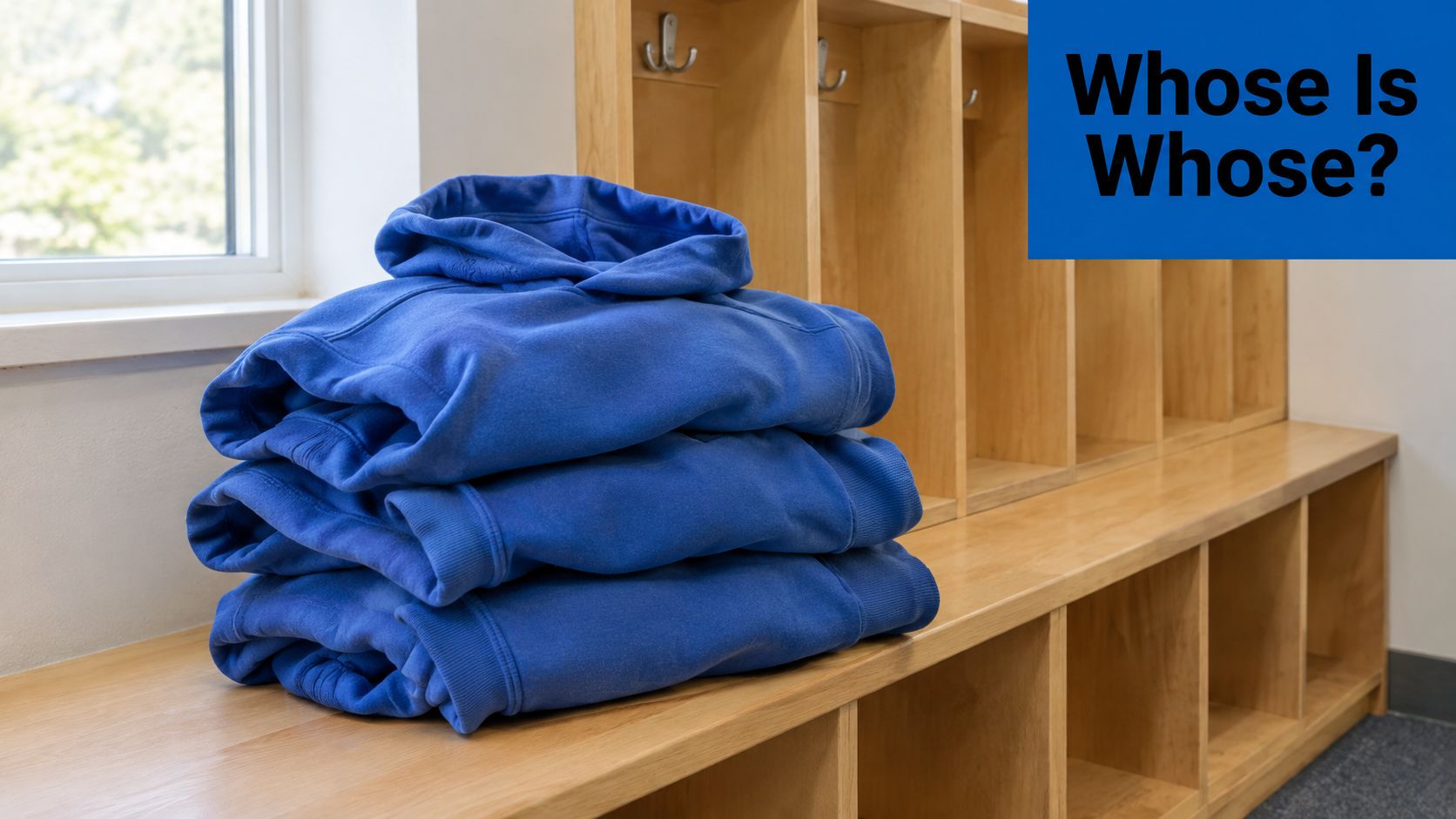 A stack of folded blue hooded sweatshirts sitting on a wooden bench in a locker room.
