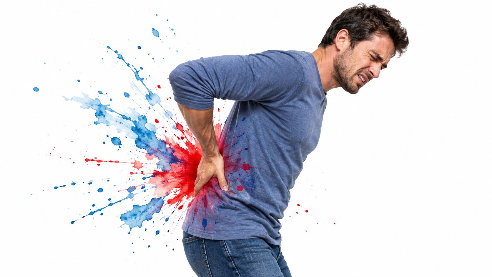 A man in a blue shirt holding his lower back in pain with colorful abstract paint splatters.