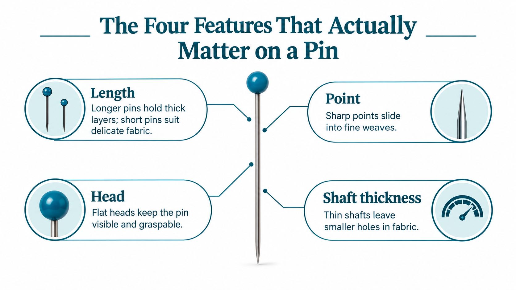 A diagram highlighting four essential features of sewing pins: length, point, head, and shaft thickness.