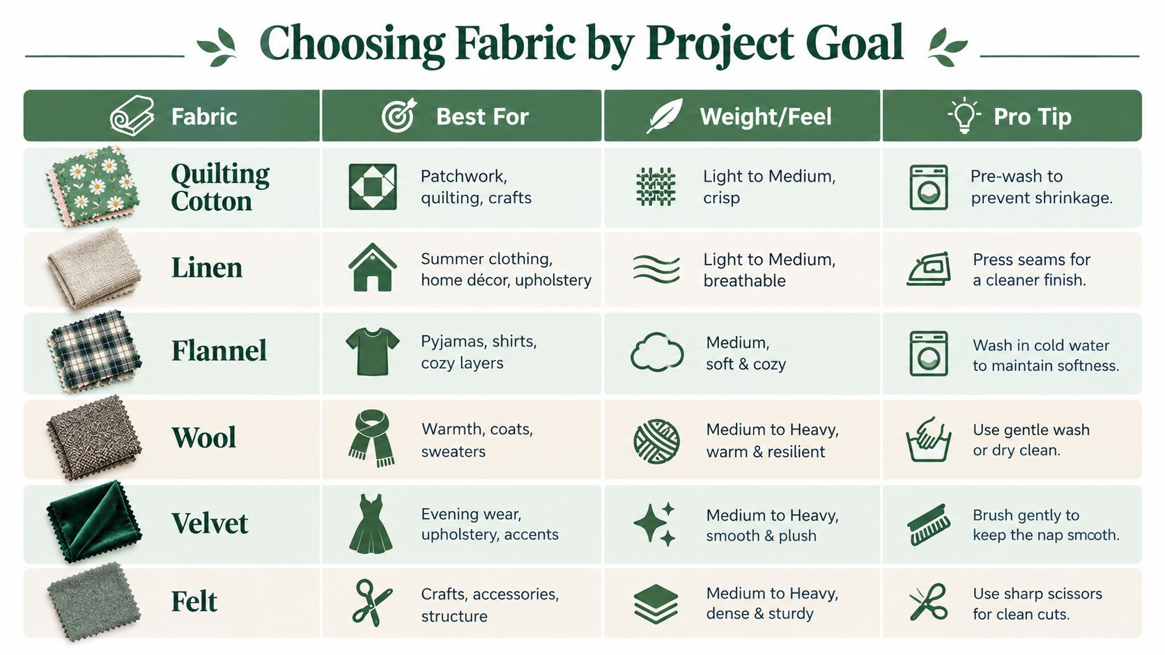 A comprehensive chart detailing different fabric types, their best uses, weight, and professional care tips.