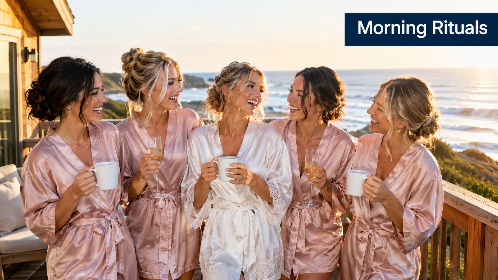 A group of five smiling bridesmaids wearing matching satin robes standing on a balcony overlooking the ocean.