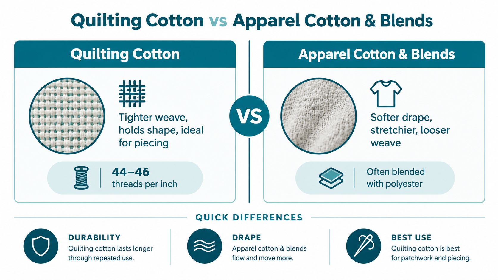 An infographic comparing the texture, durability, and primary uses of quilting cotton versus apparel cotton fabric blends.