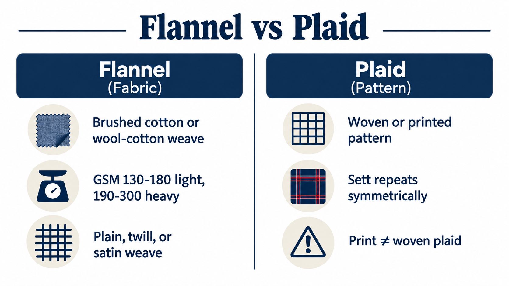 An infographic comparing the differences between flannel fabric and the plaid pattern with descriptive points.