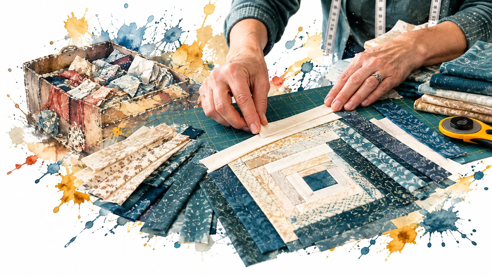 A quilter meticulously assembling a log cabin quilt block pattern on a green cutting mat.