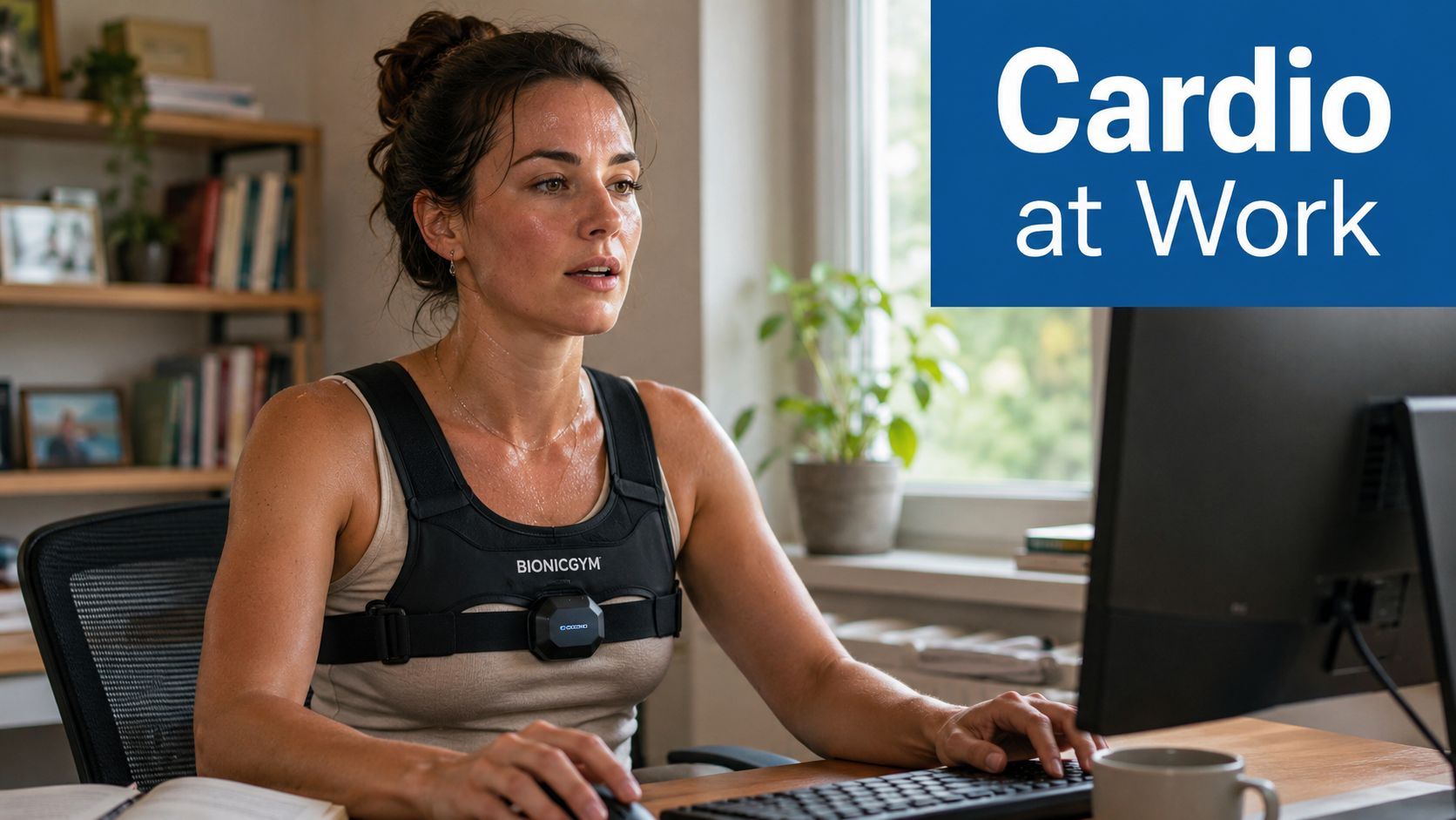A sweaty woman wearing a BionicGym cardio device while working at her desk in a home office.