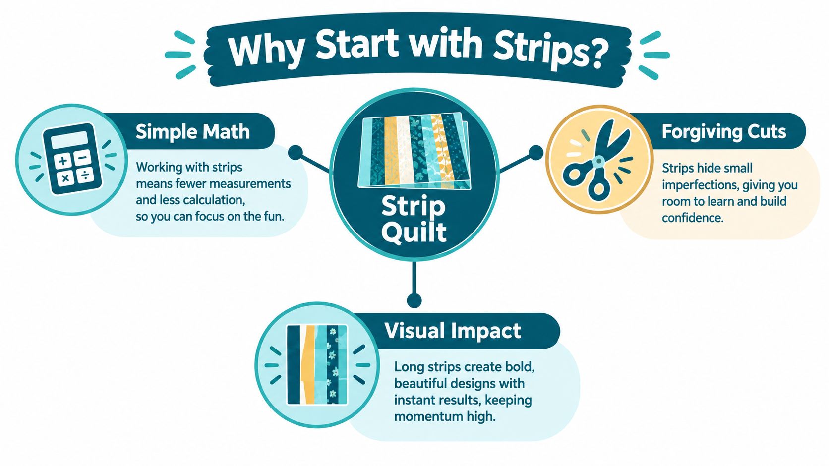 An infographic titled Why Start with Strips explaining the benefits of making a simple strip quilt for beginners.