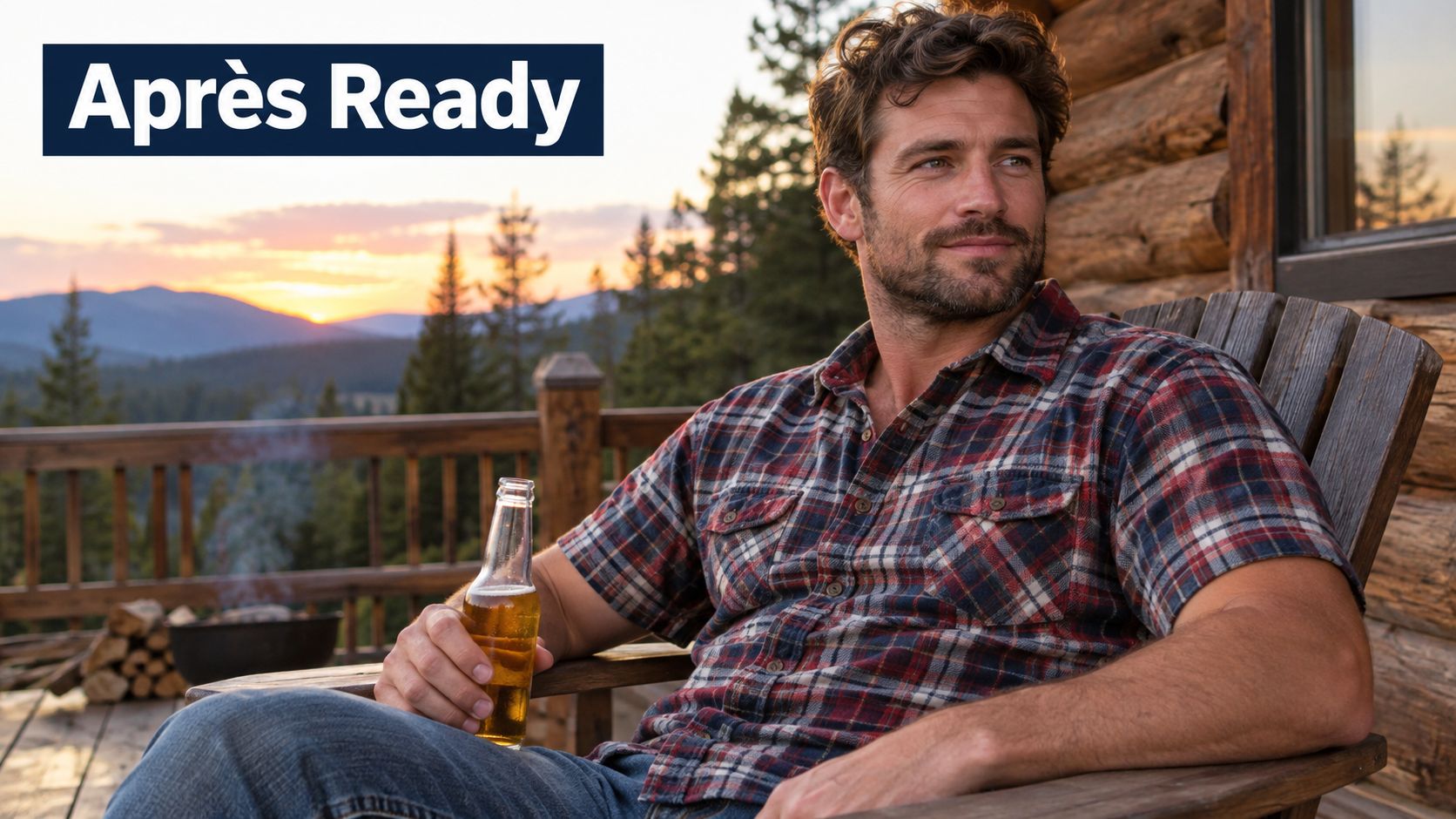 A man wearing a short-sleeved flannel shirt relaxes on a deck with a beer during sunset.