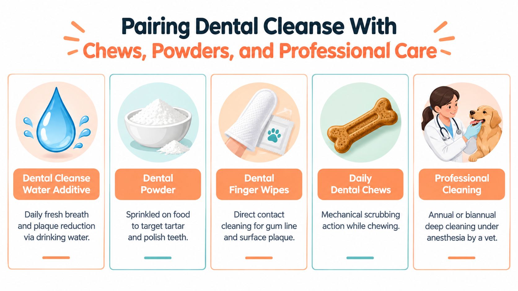 An infographic illustrating various ways to pair dental cleanse with daily chews, powders, and professional veterinary care.