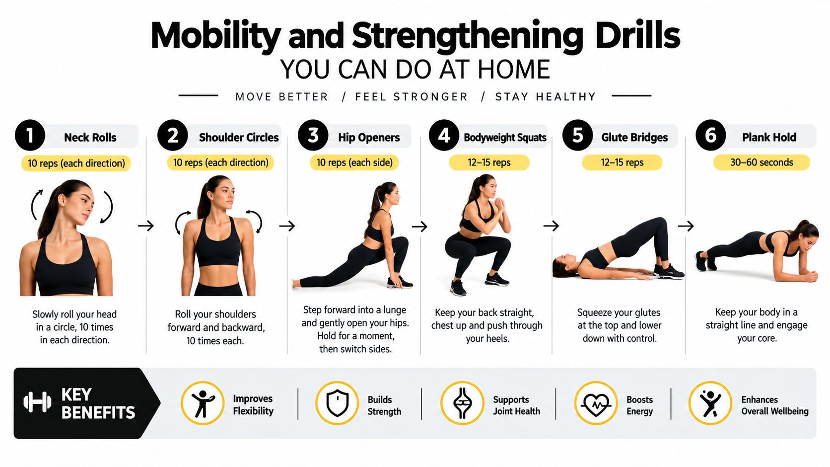 A fitness infographic displaying six numbered mobility and strengthening exercises for a daily home workout routine.